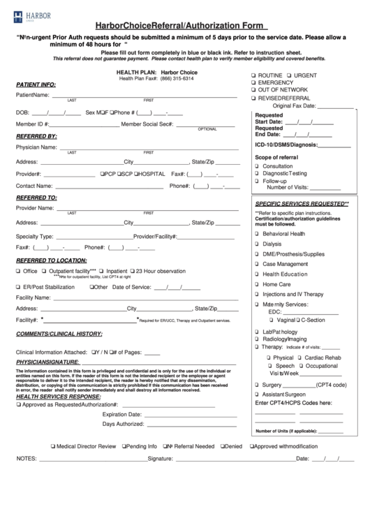 Harbor Choice Referral/authorization Form Printable pdf