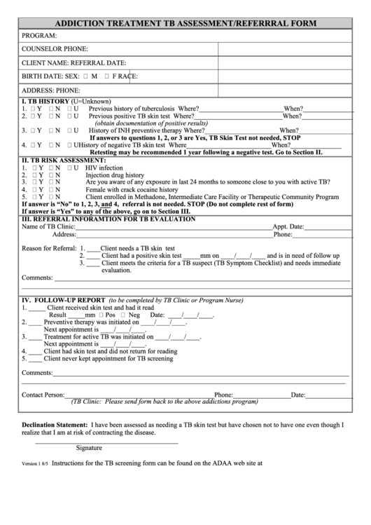 Addiction Treatment Tb Assessment/referrral Form Printable pdf