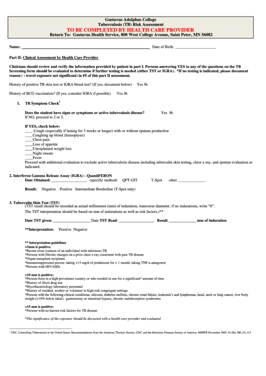 Tuberculosis Risk Assessment Form Printable pdf