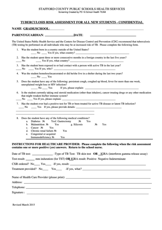 Tb Risk Assessment Form - Stafford County Public Schools Printable pdf