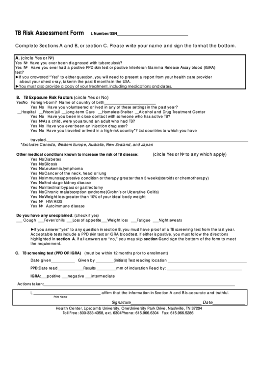 Tb Risk Assessment Form Printable pdf