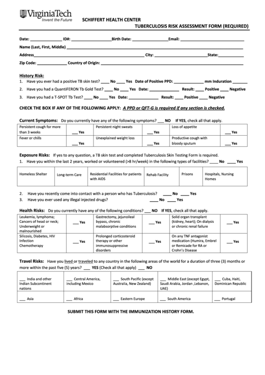 Fillable Schiffert Health Center - Tuberculosis Risk Assessment Form (Required) printable pdf ...