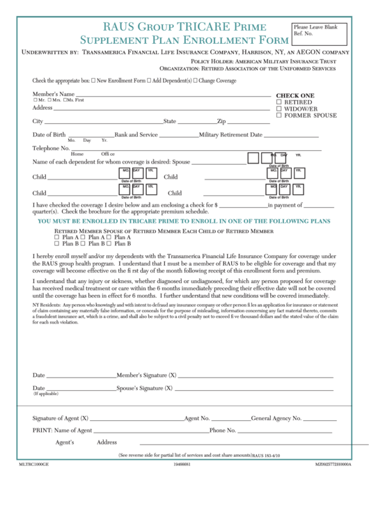 Supplement Plan Enrollment Form Printable pdf