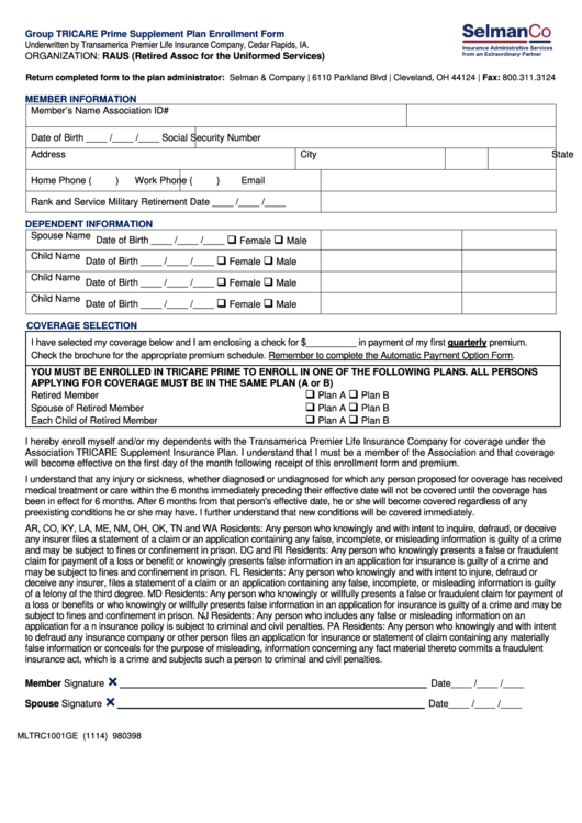 Form Mltrc1001ge - Group Tricare Prime Supplement Plan Enrollment Form Printable pdf