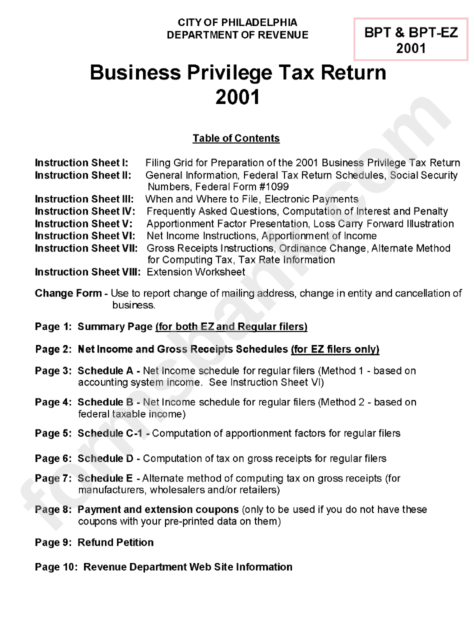 Form Bpt - Business Privilege Tax Return 2001 - Philadelphia Department Of Revenue