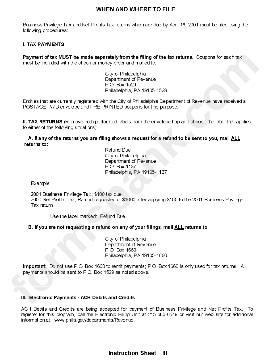 Form Bpt - Business Privilege Tax Return 2001 - Philadelphia Department Of Revenue