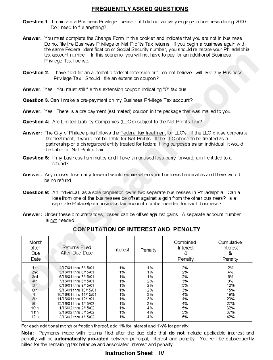 Form Bpt - Business Privilege Tax Return 2001 - Philadelphia Department Of Revenue