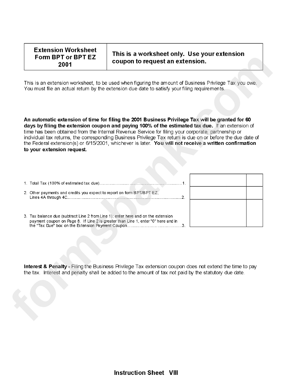 Form Bpt - Business Privilege Tax Return 2001 - Philadelphia Department Of Revenue