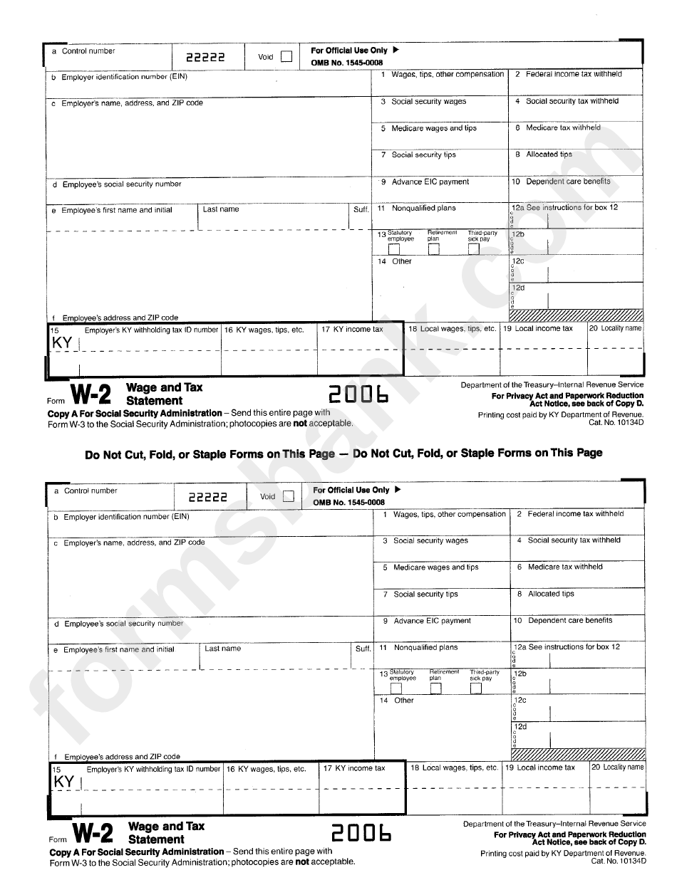 Form W-2 - Wage And Tax Statement - Kentucky 2006