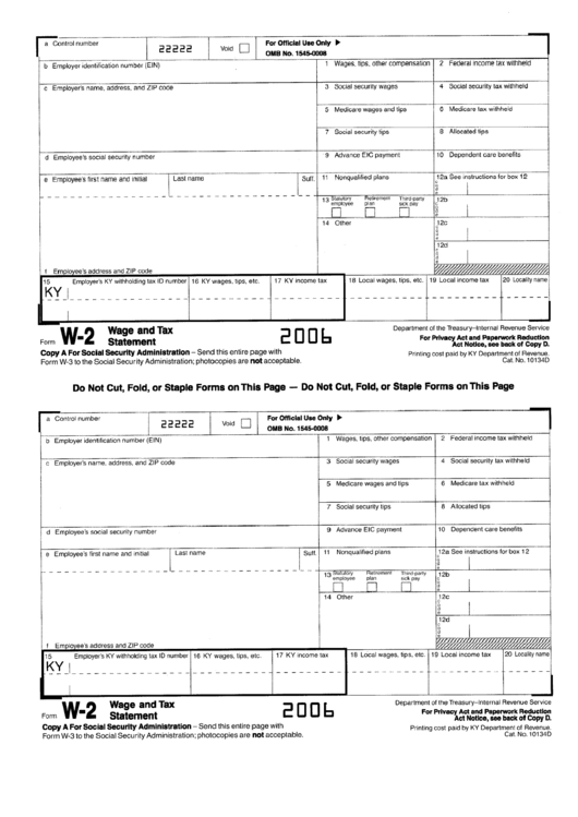 Form W-2 - Wage And Tax Statement - Kentucky 2006 Printable pdf
