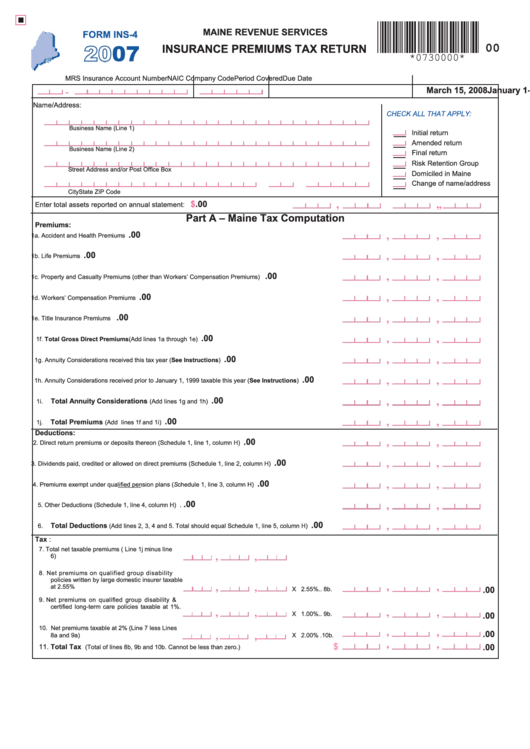 Form Ins4 Insurance Premiums Tax Return 2007 printable pdf download