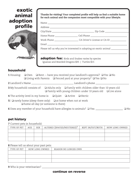 Exotic Animal Adoption Profile Form Printable pdf