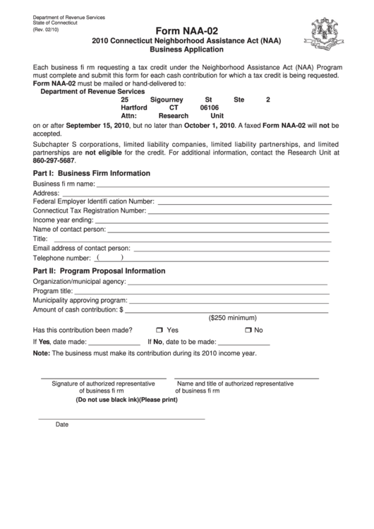 Form Naa-02 - 2010 Connecticut Neighborhood Assistance Act (Naa) Business Application Printable pdf