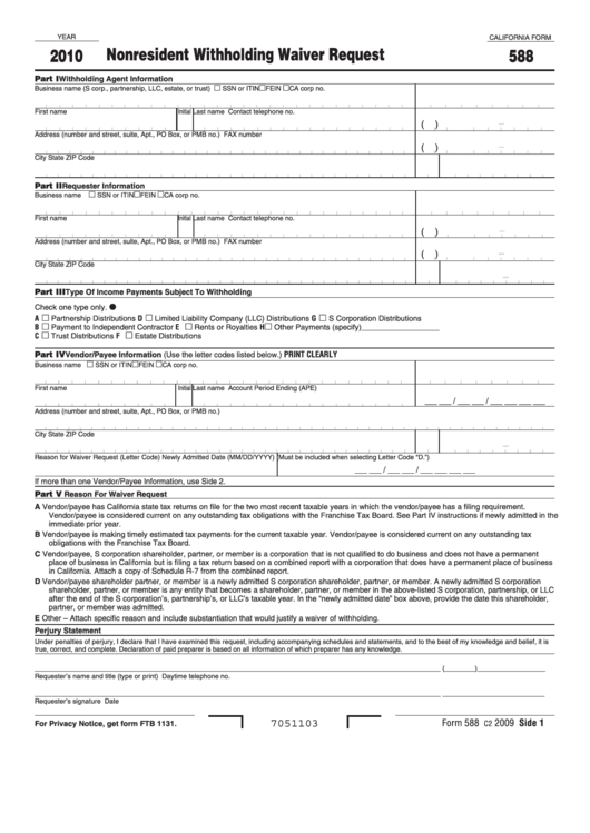 Fillable California Form 588 - Nonresident Withholding Waiver Request - 2010 Printable pdf