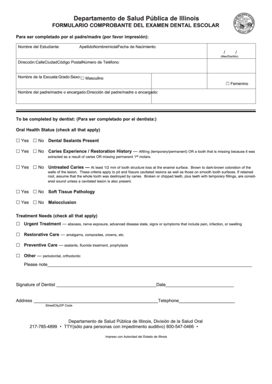 Formulario Comprobante Del Examen Dental Escolar - Departamento De Salud Publica De Illinois Printable pdf