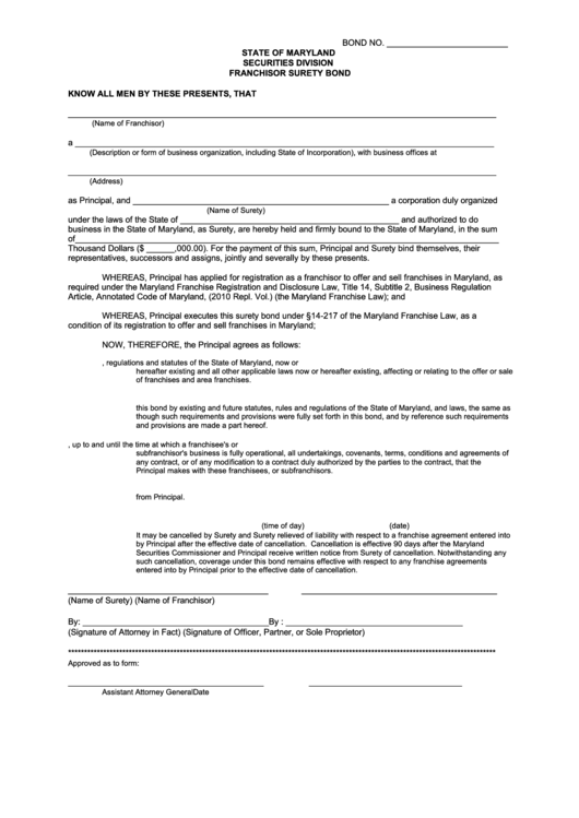 Franchisor Surety Bond Form - State Of Maryland Securities Division Printable pdf