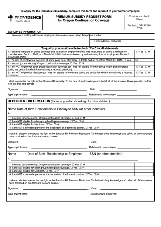 Premium Subsidy Request Form For Oregon Continuation Coverage - 2008 