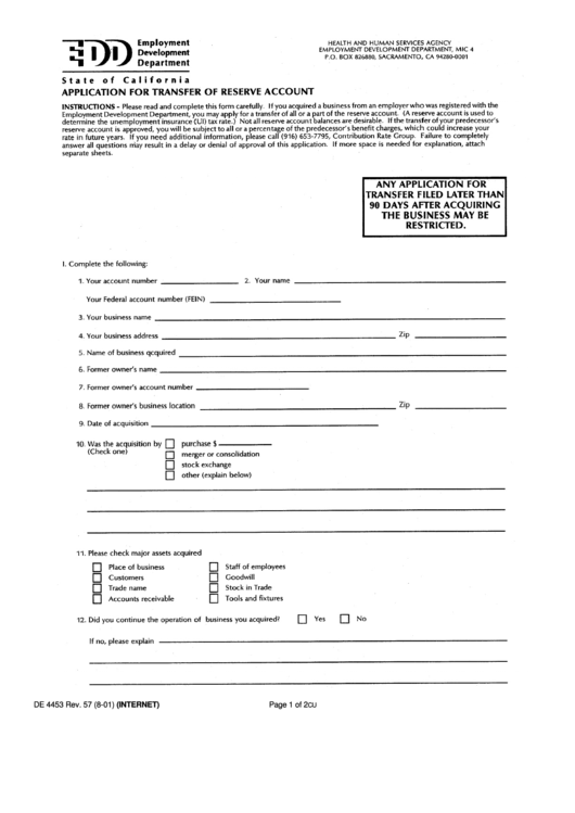 Form De 4453 - Application For Transfer Of Reserve Account California - Employment Development Department Printable pdf