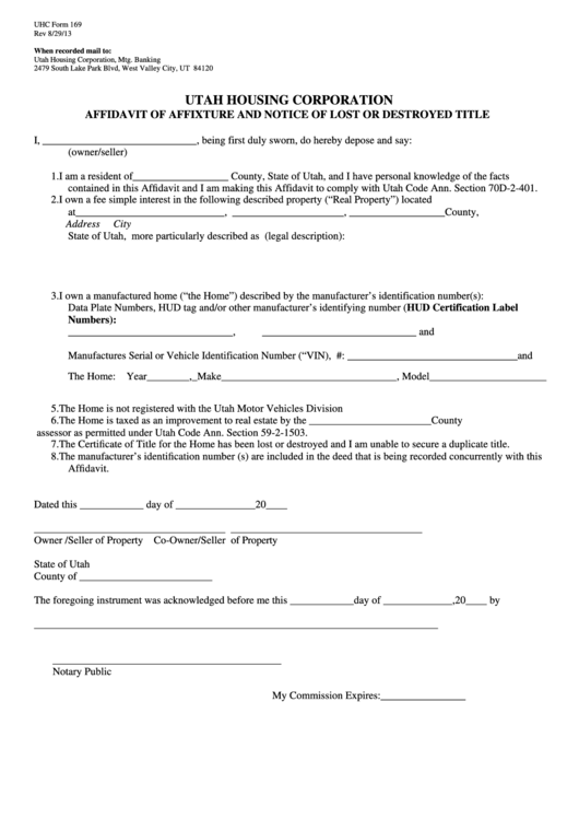 Fillable Form 169 - Affidavit Of Affixture And Notice Of Lost Or Destroyed Title - Utah Housing Corporation Printable pdf