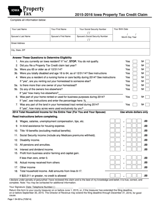 Form 54-001a - Iowa Property Tax Credit Claim - 2015-2016 Printable pdf
