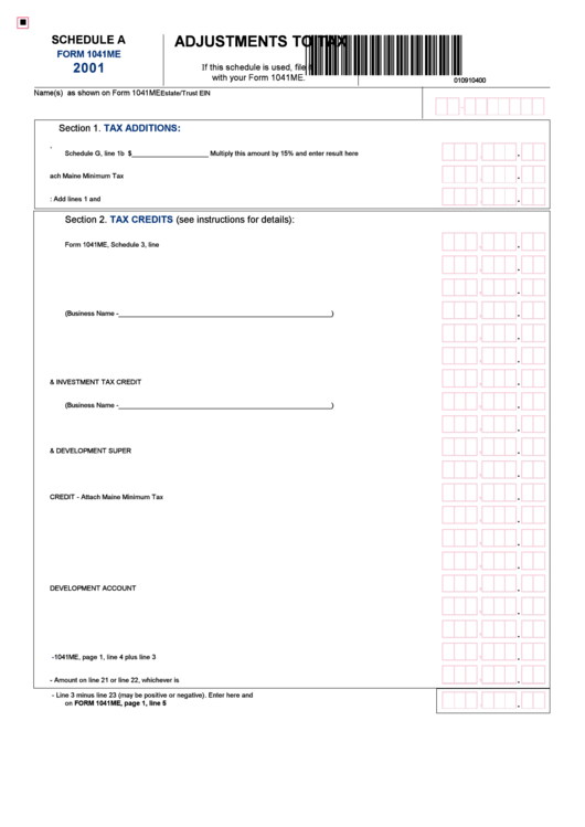 Schedule A Form 1041me - Adjustments To Tax - 2001 Printable pdf
