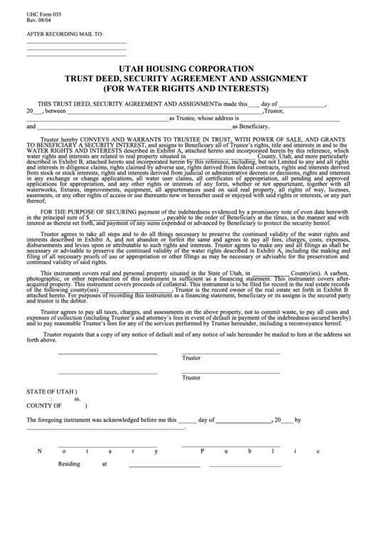Form 035 - Trust Deed, Security Agreement And Assignment (For Water Rights And Interests) - Utah Housing Corporation Printable pdf