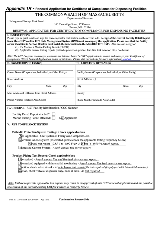 Form 21j - Appendix 1r - Renewal Application For Certificate Of Compliance For Dispensing Facilities Printable pdf