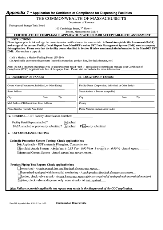 Form 21j - Appendix 1 - Application For Certificate Of Compliance For Dispensing Facilities Printable pdf