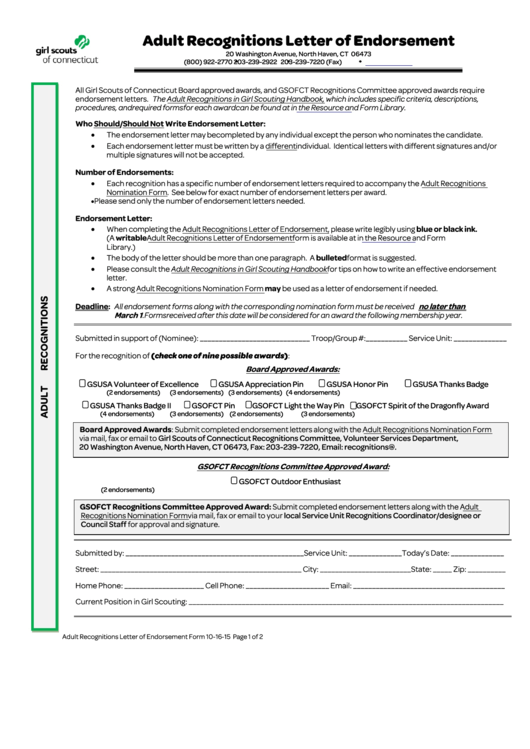 Fillable Adult Recognitions Letter Of Endorsement Form Printable pdf