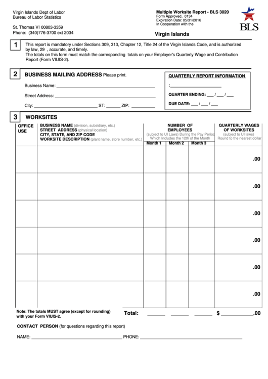 Fillable Form Bls 3020 - Multiple Worksite Report - Virgin Islands Dept Of Labor Printable pdf