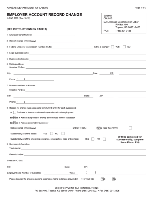 Fillable Form K-Cns 0103 - Employer Account Record Change Printable pdf