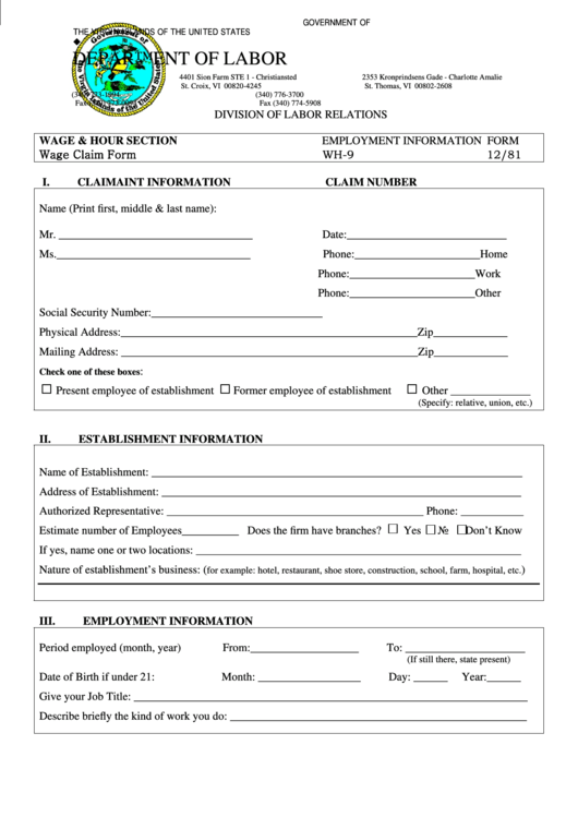 Fillable Form Wh-9 - Employment Information Form Printable pdf