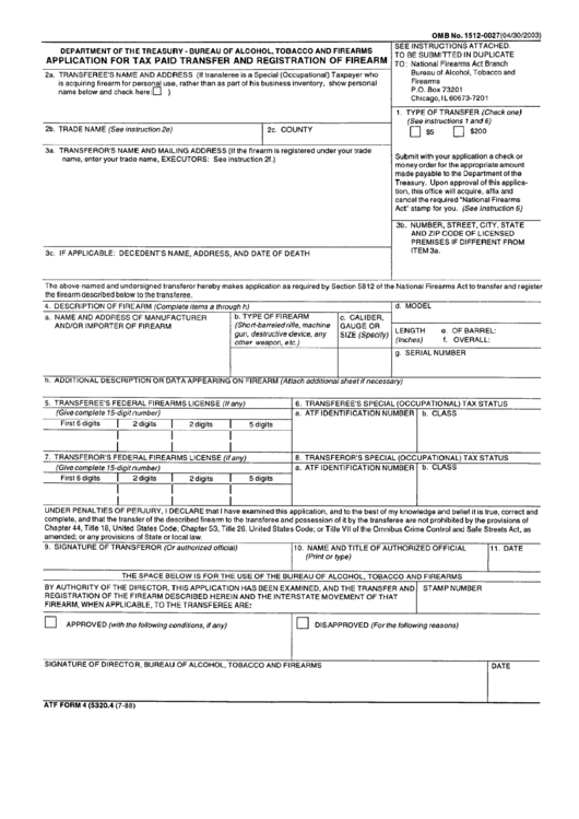 Atf Form 4 - Application For Tax Paid Transfer And Registration Of Firearm Printable pdf