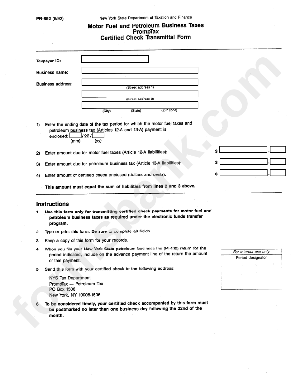 Form Pr-692 - Motor Fuel And Petroleum Business Taxes Promptax Certified Check Transmittal Form