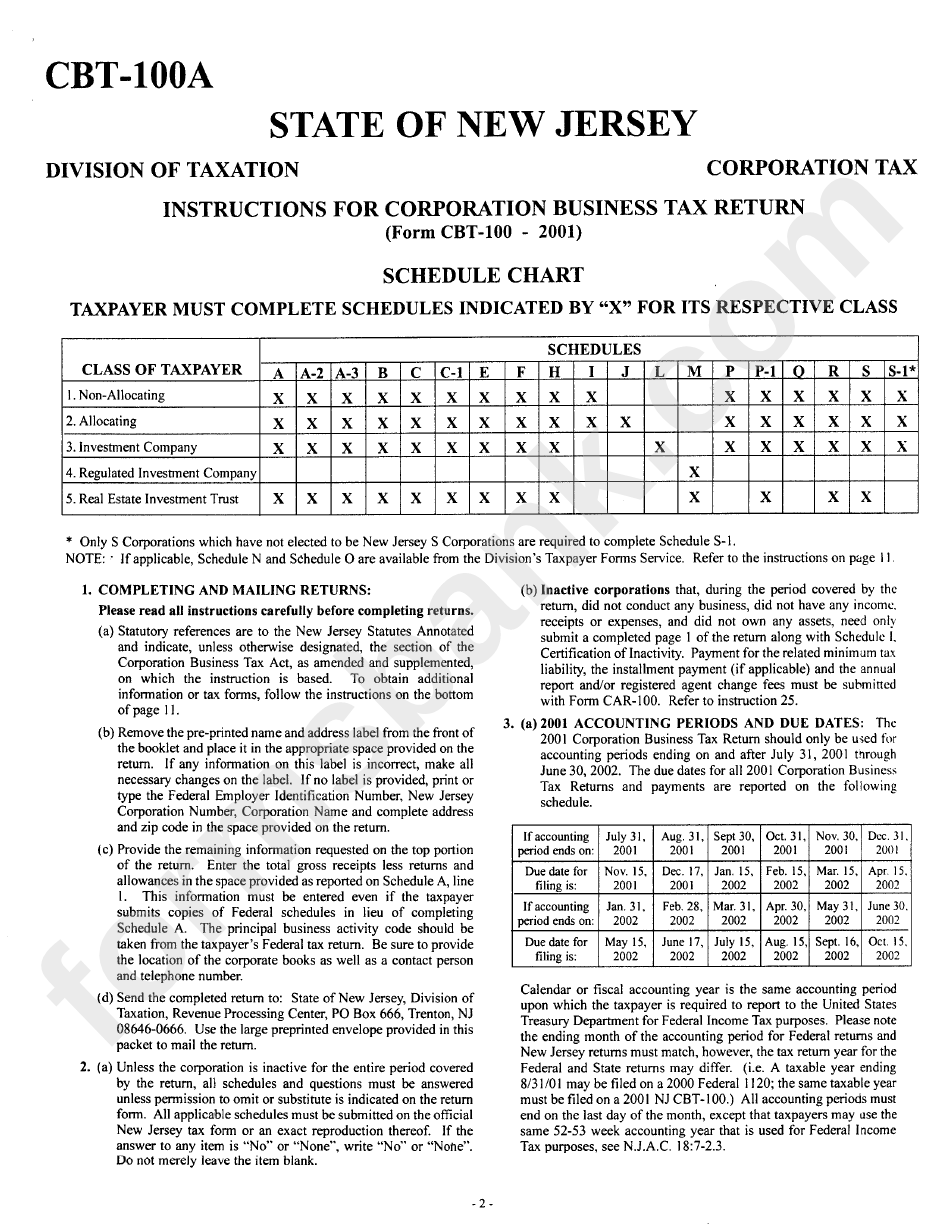 Form Cbt-100 - Corporation Business Tax Return - 2001 - Instructions