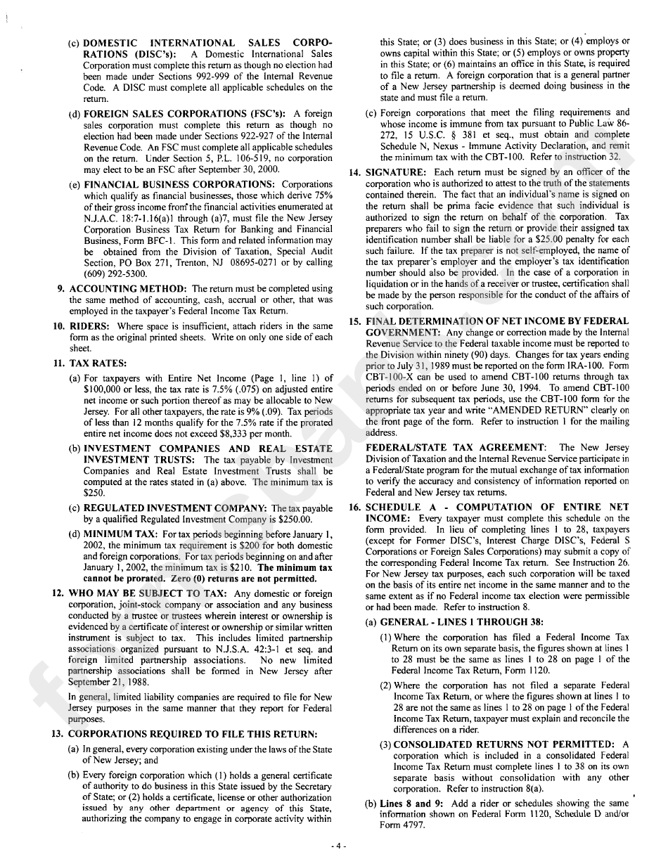 Form Cbt-100 - Corporation Business Tax Return - 2001 - Instructions