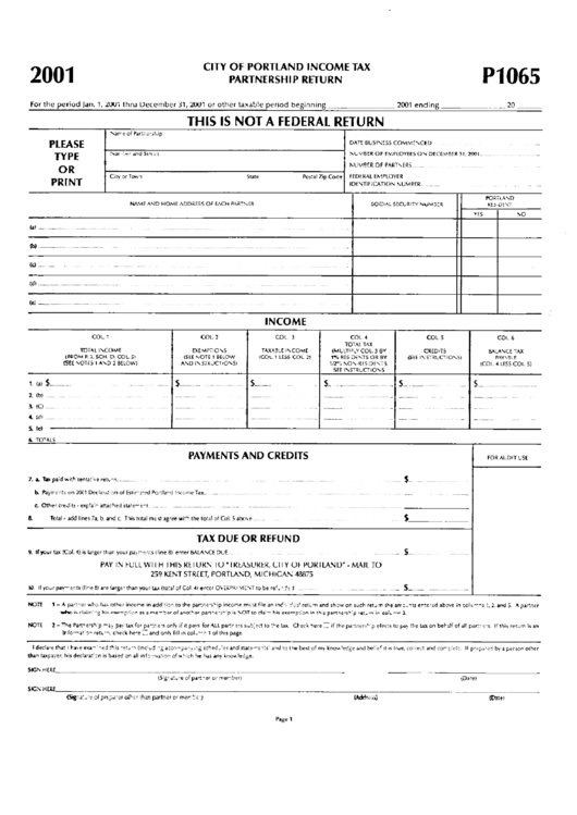 Form P1065 - City Of Portland Income Tax Partnership Return - 2001 Printable pdf