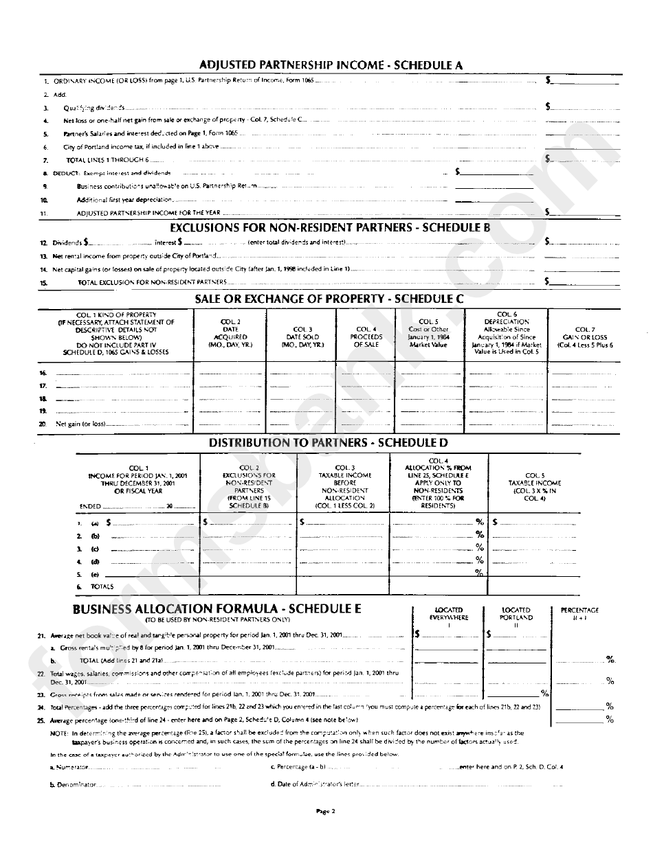 Form P1065 - City Of Portland Income Tax Partnership Return - 2001