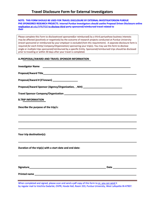 Fillable Travel Disclosure Form For External Investigators Printable pdf