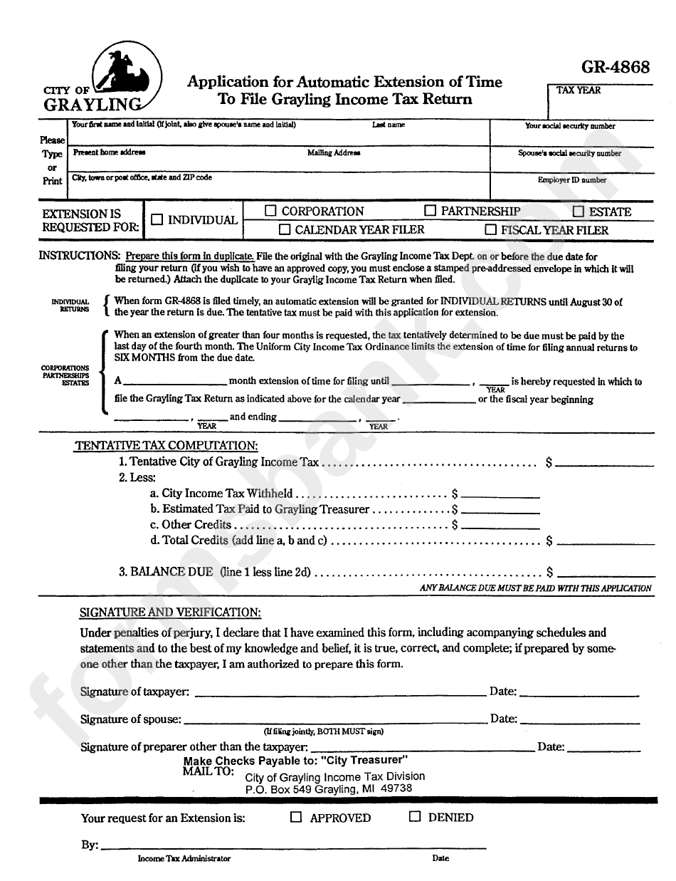 Form Gr-4868 - Application For Automatic Extension Of Time To File ...