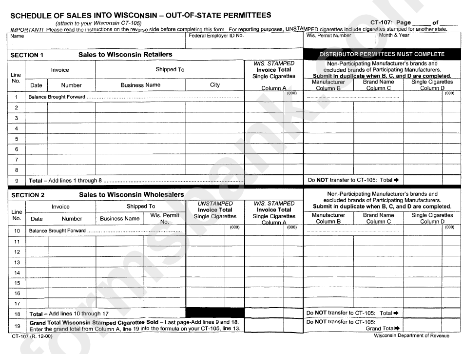 Form Ct-107 - Schedule Of Sales Into Wisconsin-Out-Of-State Permittees
