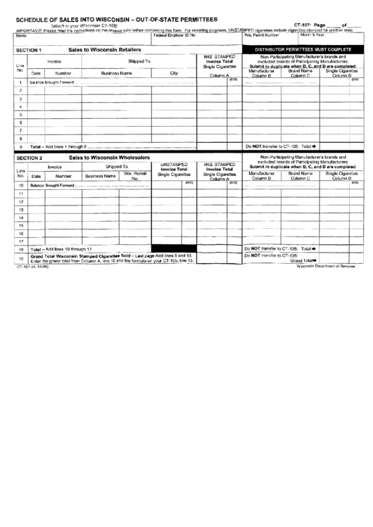 Form Ct-107 - Schedule Of Sales Into Wisconsin-Out-Of-State Permittees Printable pdf