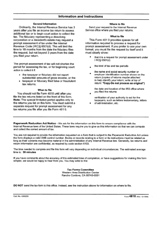 Form 4810 - Request For Prompt Assessment Under Internal Revenue Code Section 6501(D) Printable pdf