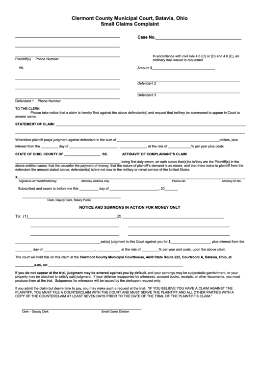 Fillable Small Claims Complaint Form Printable pdf