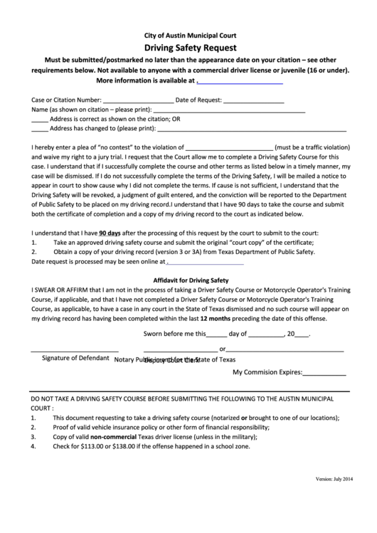 Fillable Driving Safety Request Form Printable pdf