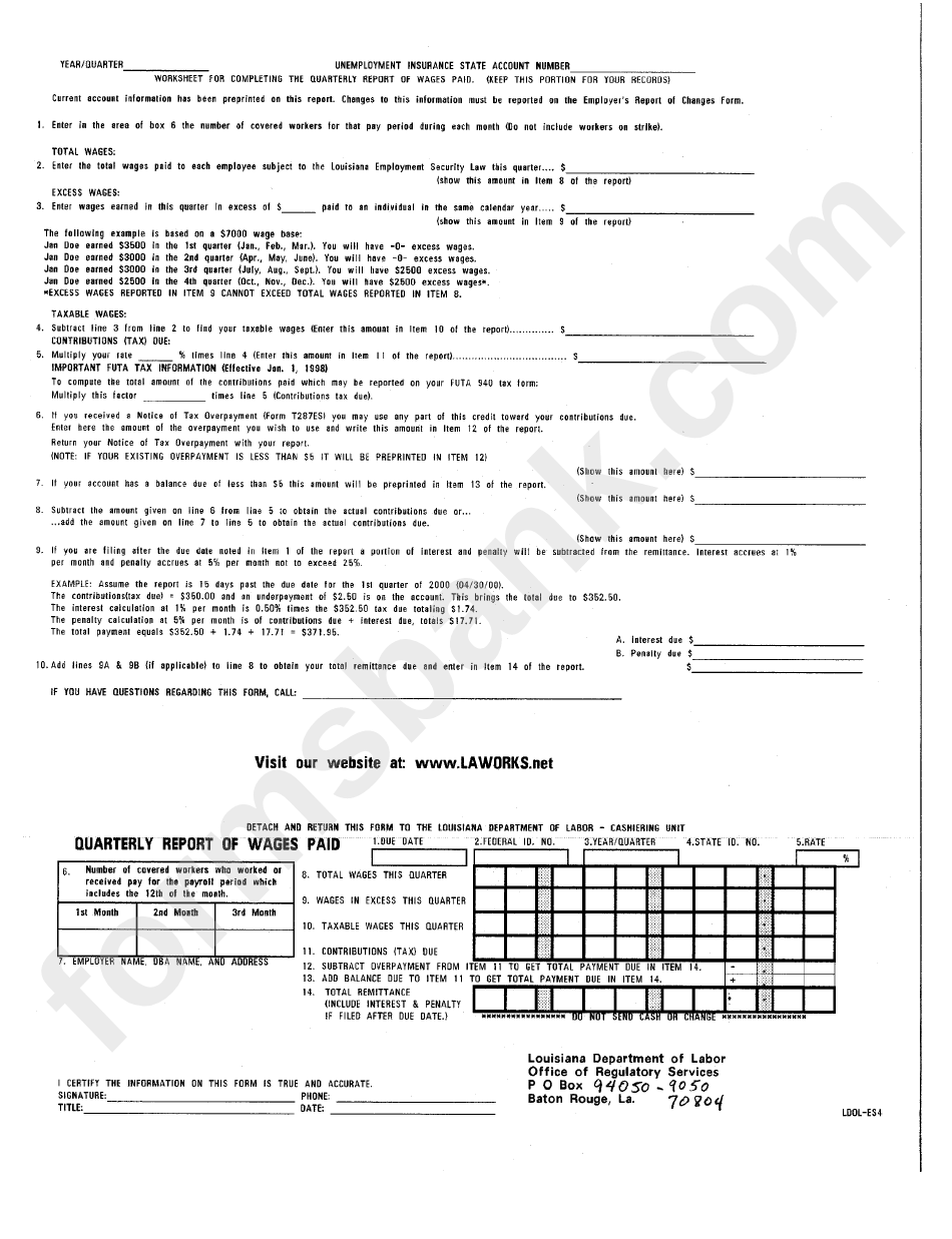 Form Ldol-Es4 - Worksheet For Completing The Quarterly Report Of Wages Paid