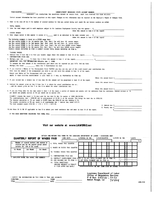 Form Ldol-Es4 - Worksheet For Completing The Quarterly Report Of Wages Paid Printable pdf