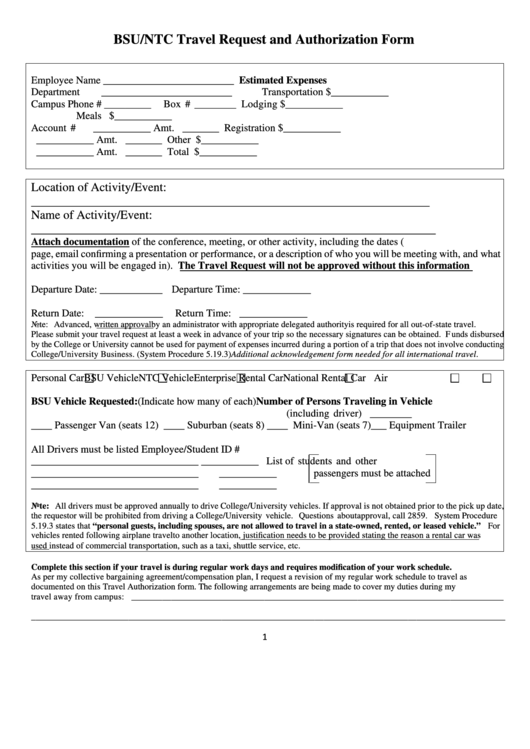 Fillable Bsu/ntc Travel Request And Authorization Form Printable pdf