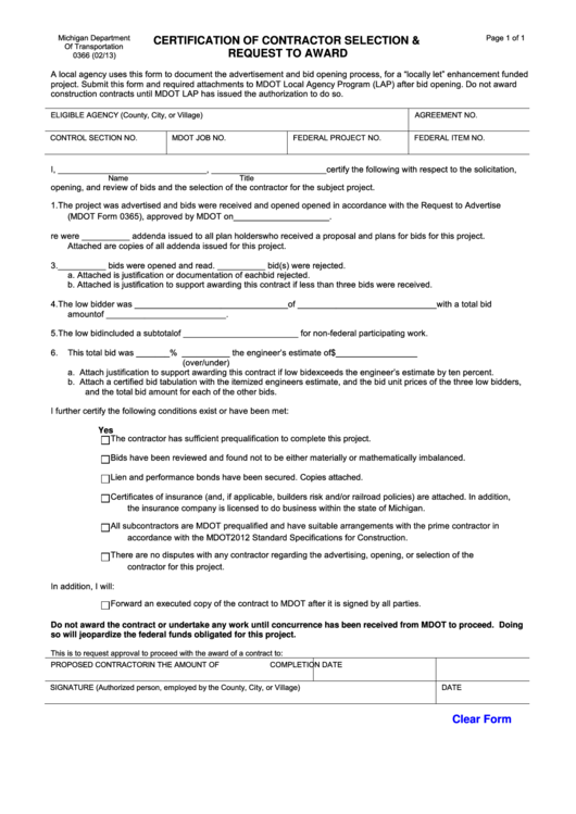 Fillable Certification Of Contractor Selection & Request To Award Form Printable pdf