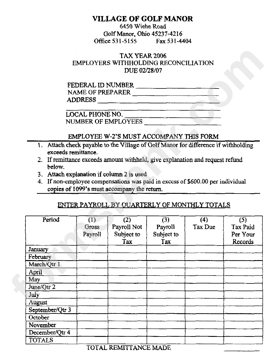Employers Withholding Reconciliation Due 02/28/07 Form